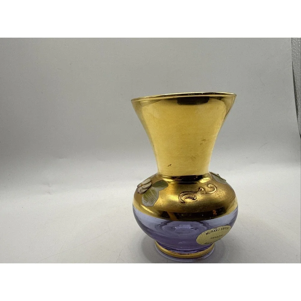 Murano Lavender Venezia Glass Hand Painted Enamel Gold Gilt  Vintage Vase  3